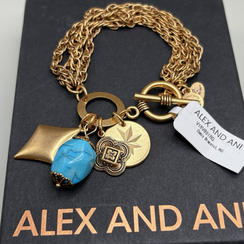 NEW Alex and Ani Toggle Bracelet Charms Chain Oasis Faux Turquoise 7"